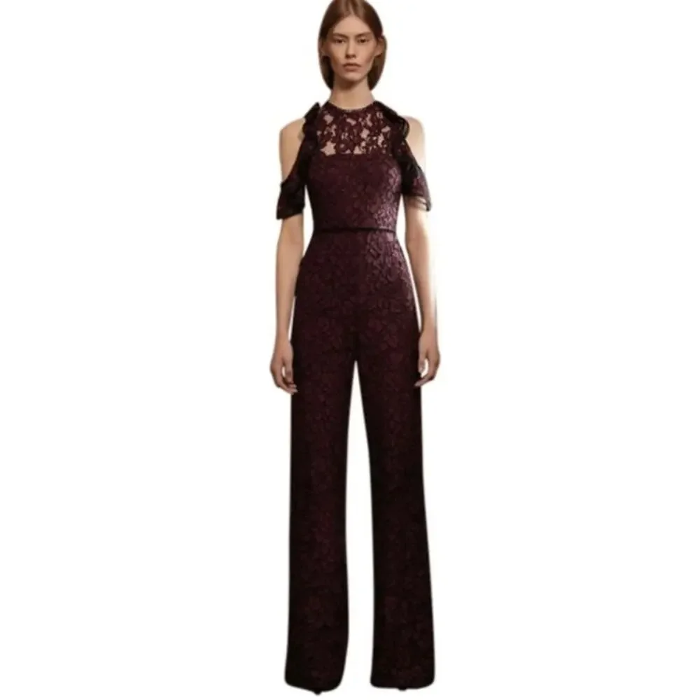 NWOT Alexis burgundy and black lace jumpsuit off shoulder holiday size X small